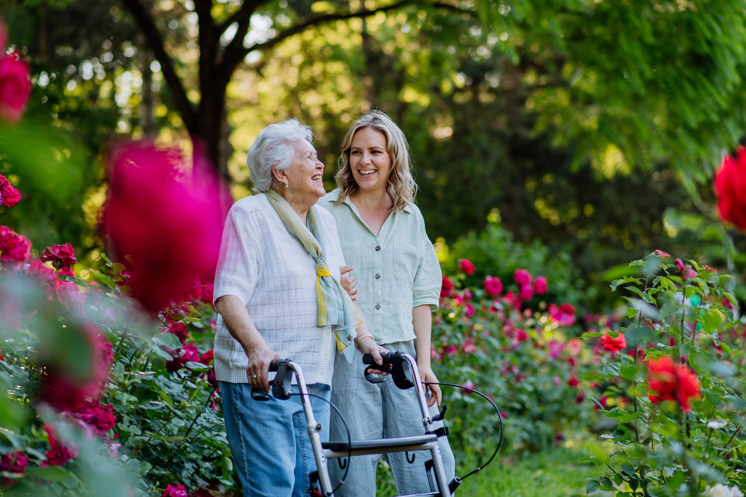 Senior mom and daughter enjoying nature