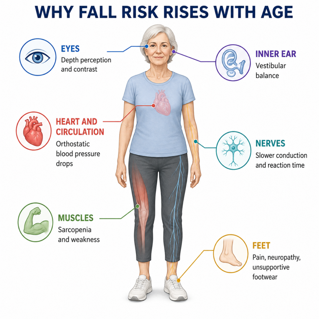 Diagram of the body systems that increase fall risk with age, including vision, inner ear balance, blood pressure, nerve conduction and muscle strength